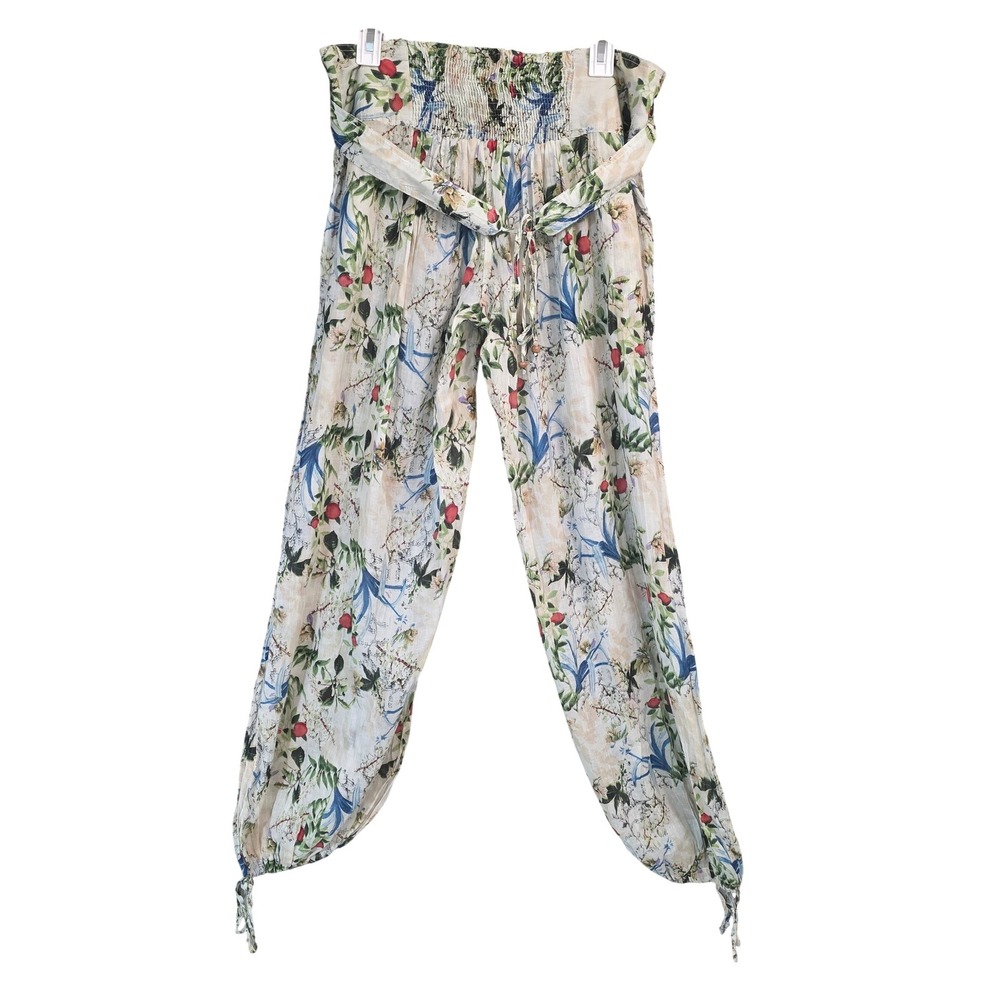 Cotton Daisy White Floral Print Boho Harem Pants Smocked Waist Tie Belt - Picture 3 of 9